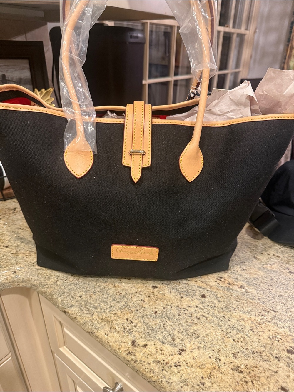 Brand New Dooney and Bourke Black Tote Bag with Tan Trim